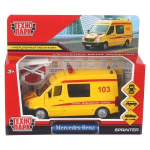 Машина металл MERCEDES-BENZ SPRINTER РЕАНИМАЦИЯ 14 см, двери, тележка, кор. Технопарк SPRINTERVAN-14AMB-YE (64)
