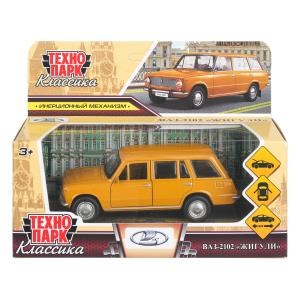 Машина металл ваз-2102 12 см, двери, багаж, инер, желтый, кор. Технопарк 2102-12-YE-WOD