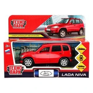 Машина металл LADA NIVA длина 12 см, двери, багаж, инерц, красный, кор. Технопарк LADANIVA-12-RD-WOD