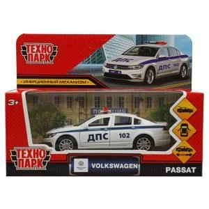 Машина металл VOLKSWAGEN PASSAT ПОЛИЦИЯ 12 см, двер, багаж, инер, белый, кор Технопарк PASSAT-12POL-WH