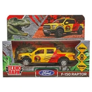 Машина металл FORD F150 RAPTOR ДИНОЗАВРЫ 12 см, двер, баг, ин, желтый, кор. Технопарк F150RAP-12DIN-YE