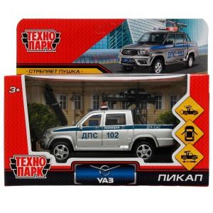 Машина металл UAZ PICKUP ПОЛИЦИЯ С ПУШКОЙ 12 см, двер, багаж, инерц, кор. Технопарк PICKUP-12POL-CANSR