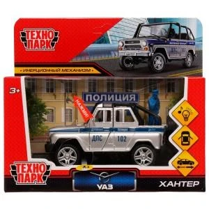 Машина металл свет-звук UAZ HUNTER ПОЛИЦИЯ 11,5 см, двери, фигурка, кор. Технопарк HUNTERBCH-12SLPOL-SOLSR