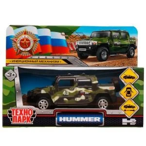 Машина металл HUMMER H2 PICKUP КАМУФЛЯЖ 12 см, двери, багаж, инерц, кор. Технопарк HUM2PICKUP-12MIL-GN