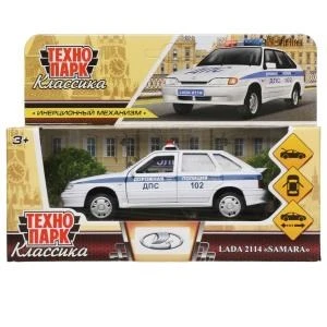 Машина металл LADA-2114 "SAMARA" ПОЛИЦИЯ 12 см, двери, багаж, белый, кор. Технопарк 2114-12POL-WH