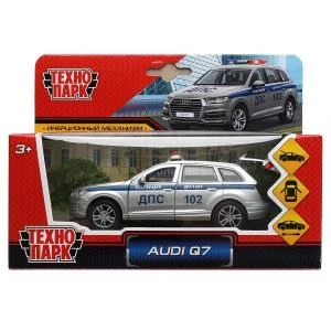 Машина металл AUDI Q7 ПОЛИЦИЯ 12 см, двер, багаж, инер, серебристый, кор. Технопарк Q7-12POL-SR