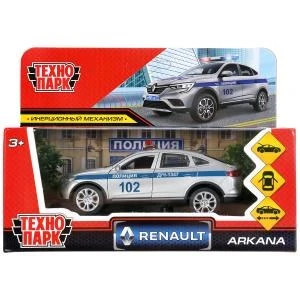 Машина металл RENAULT ARKANA ПОЛИЦИЯ 12 см, двери, багаж, серебристый, кор. Технопарк ARKANA-12POL-SR