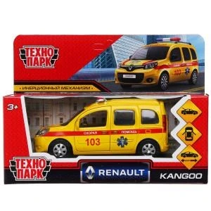 Машина металл RENAULT KANGOO РЕАНИМАЦИЯ 12 см, двери, багаж, желтая, в кор.. Технопарк KANGOO-12AMB-YE