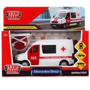 Машина металл MERCEDES-BENZ SPRINTER СКОРАЯ длина 14 см, двери, кор. Технопарк SPRINTERVAN-14AMB-WH