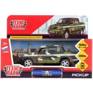 Машина металл UAZ PICKUP ВОЕННЫЙ длина 12 см, двери, багаж, инерц, кор. Технопарк PICKUP-MIL