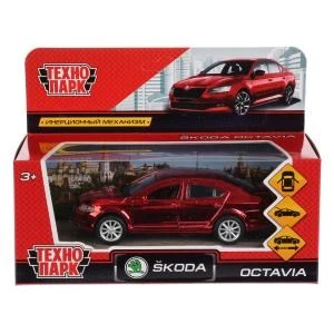 Машина металл SKODA OCTAVIA ХРОМ 12 см, двери, багаж, инерц, красный, кор. Технопарк OCTAVIA-RD-CH