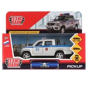Машина металл UAZ PICKUP ПОЛИЦИЯ 12 см, откр дв, багаж, инерц. в кор. Технопарк PICKUP-P