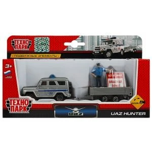 Машина металл UAZ HUNTER, 7,5 см + прицеп 7,5 см. с фигур. и знак., кор. Технопарк SB-16-93+UH-WB