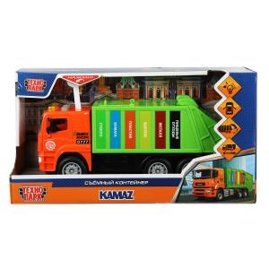 Машина пластик свет-звук KAMAZ МУСОРОВОЗ 30 см, бачок, двер, инер, зел, кор. Технопарк KAMGARB-30PL-OGGN (24)