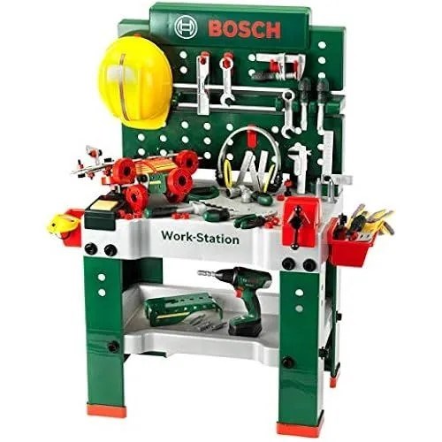 Игровой набор Klein Детский рабочий верстак Bosch,150 предмета, 8485,  включая аккумуляторную отвертку, конструктор, шлифовальную машину и многое другое, аккумуляторная отвертка со светом и реалистичными звуками 234801