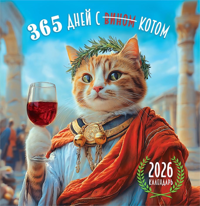 СРЕДНИЙ перекидной настенный календарь на скрепке на 2026 год "365 дней (с вином) с котом" ПК-26-028 ПК-26-028