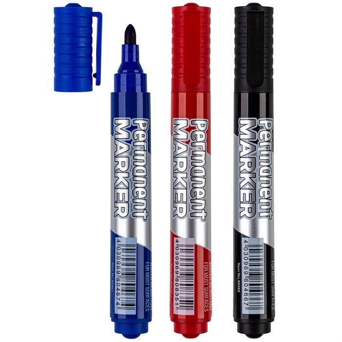80470 Набор из 3-х перманентных маркеров. Тип стержня круглый. Размер стержня 2-3 мм, цвета: синий, черный, красный. 80470