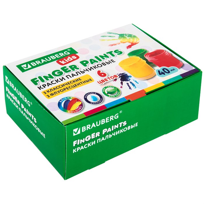 Краски пальчиковые 6 цв. для малышей от 1 года 3 классич+3 флуоресцент*40мл BRAUBERG KIDS 192279 887-795