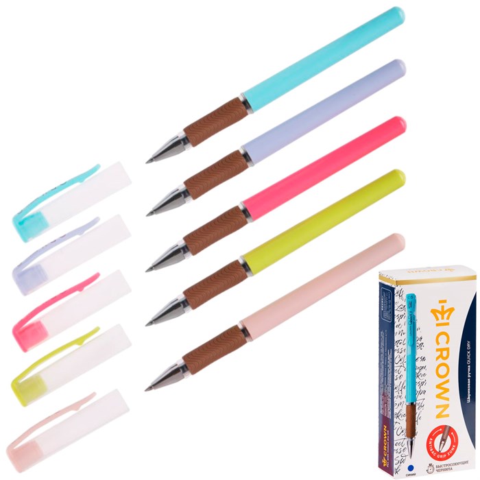 Ручка гелевая синяя Crown "Quick Dry" с быстросохнущими чернилами и антибактериальным грипом 0,5мм AT-2020 909-109