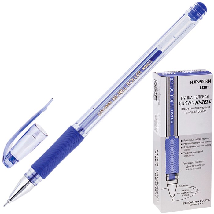 Ручка гелевая синяя 0,5мм Crown "Hi-Jell Grip игольчатый стержень HJR-500NB 992-036