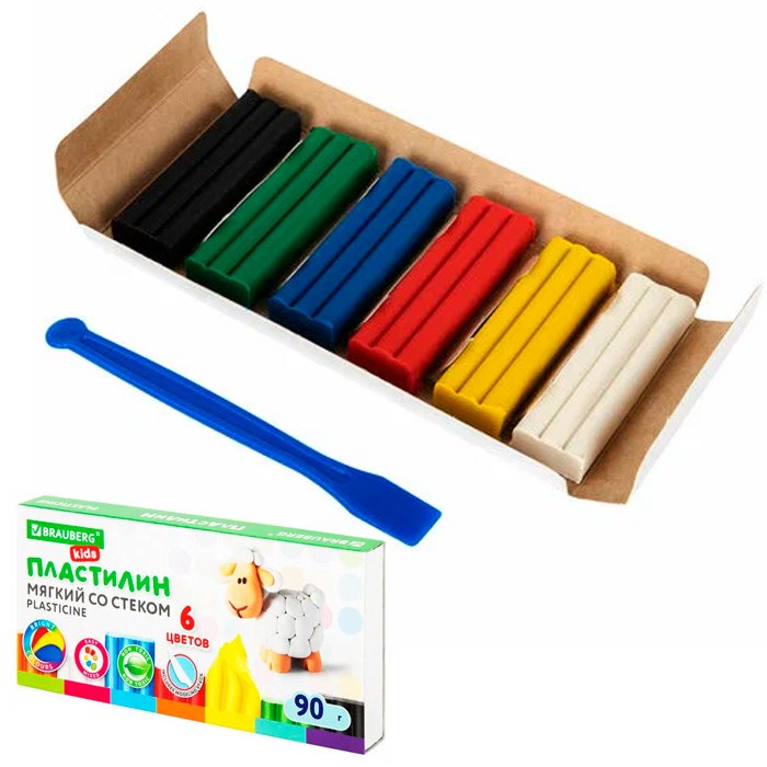 Пластилин 6цв мягкий восковой 90г. KIDS со стеком106493 BRAUBERG 896-082