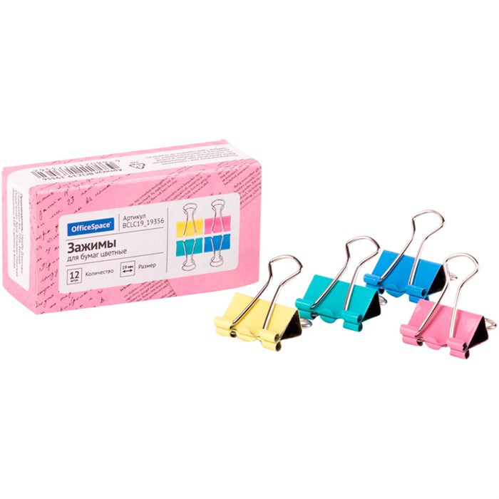 Зажим для бумаг 19мм Office Space 12шт. цветные BCLC19_19356 897-409