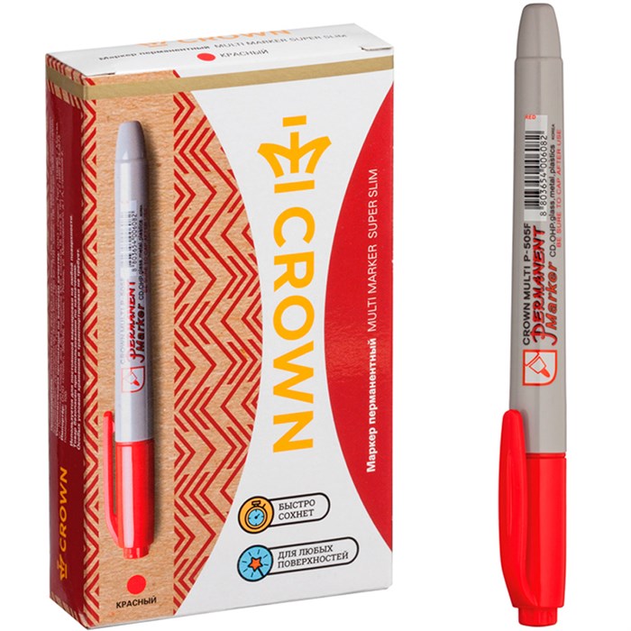 Маркер красный перманентный Crown "Multi Marker Super Slim" пулевидный, 1мм P-505F 997-199