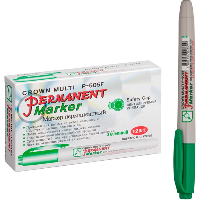 Маркер зеленый перманентный Crown "Multi Marker Super Slim" пулевидный, 1мм P-505F 997-198
