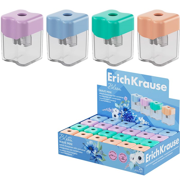 Точилка пластик Wave Mini, Pastel Bloom с контейнером ассорти 60044 ErichKrause 898-308