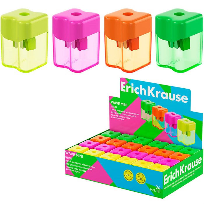 Точилка пластик Wave Mini, Neon с контейнером ассорти 60058 ErichKrause 898-307