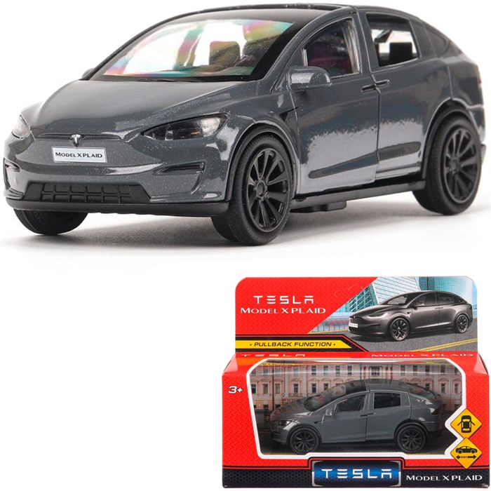 Модель MODELX-12-GY-WOD Tesla model x plaid 12 см, двери, серебр Технопарк в кор. 439-768