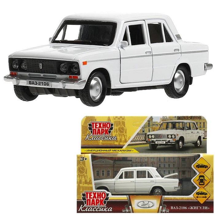 Модель 2106-12-WH ВАЗ-2106 Жигули 12 см, двери, багаж, инерц, белый Технопарк в кор. 439-668