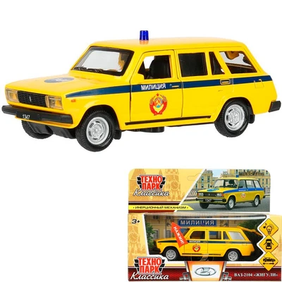 Модель 2104-12SLPOL-YE свет-звук ВАЗ-2104 жигули милиция 12 см,двери,желтый Технопарк в кор. 439-563
