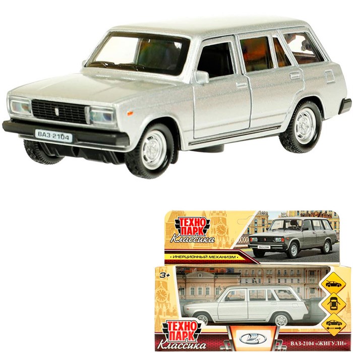 Модель 2104-12-SR ВАЗ-2104 ЖИГУЛИ 12 см, двери, багаж, инерц, серебристая Технопарк в кор. 439-503