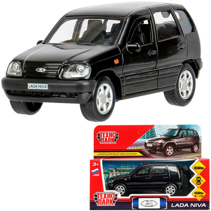 Модель LADANIVA-12-BK-WOD LADA NIVA длина 12 см, двери, багаж, инерц, черный, Технопарк  в кор. 439-418