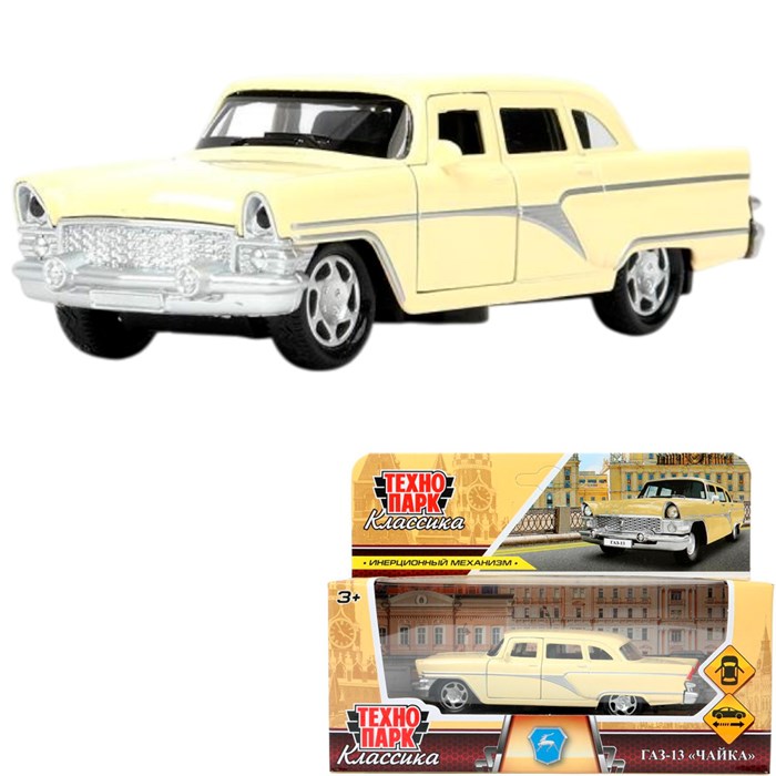 Модель GAZ13-12-YE газ-13 "чайка" 12 см, двери, инерц, светло-желтый Технопарк  в кор. 439-350