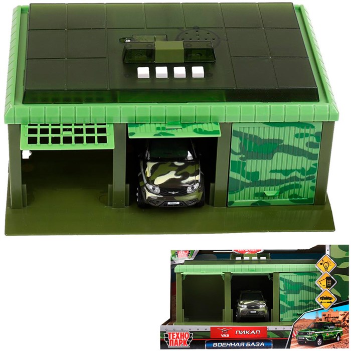 Модель GARAGE-22SL1XCAR-MIL ВОЕННАЯ БАЗА 22 см, UAZ PICKUP, КАМУФЛЯЖ Технопарк 439-129