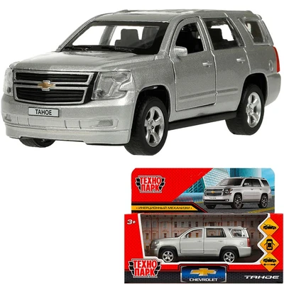 Модель TAHOE-12-SR CHEVROLET TAHOE 12 см, двери, багаж, инерц, серебристый Технопарк в коробке 438-995