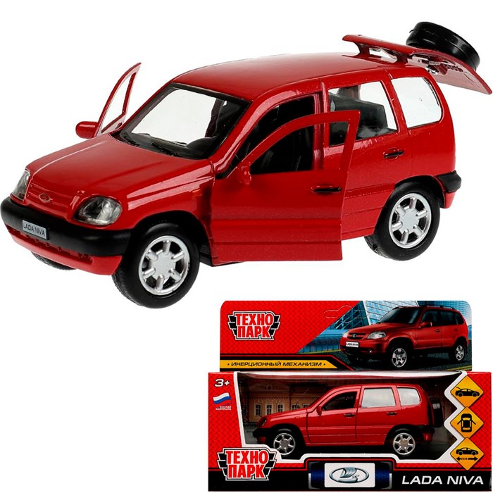 Модель LADANIVA-12-RD LADA NIVA длина 12 см, двери, багаж, инерц, красный Технопарк  в коробке 438-909