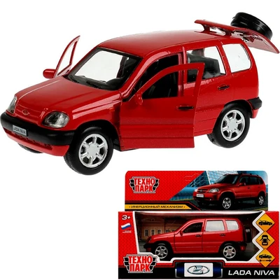 Модель LADANIVA-12-RD LADA NIVA длина 12 см, двери, багаж, инерц, красный Технопарк  в коробке 438-909