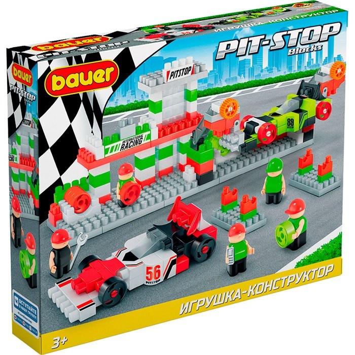 Конструктор Bauer 829 Набор из 2х гоночных машин с автосервисом "pit stop" (цвет красн, белый, салат,че 525-626