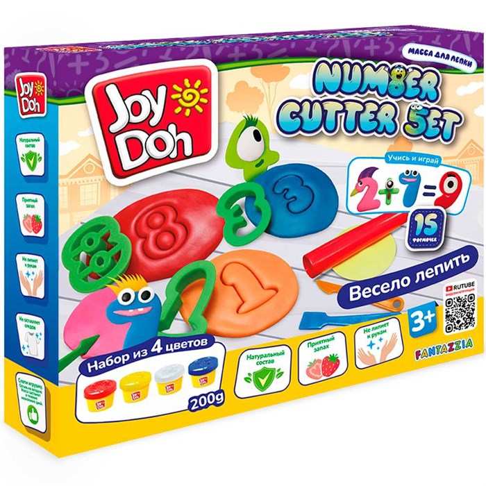 Набор для творчества Масса для лепки Joy Doh,набор NUMBER CUTTER SET-УЧИМСЯ СЧИТАТЬ,пресс формы для цифр и вычислений,19 аксессуаров,4 баночки с тестом (4 x 50 г.) NUMB-200 pot 983-109