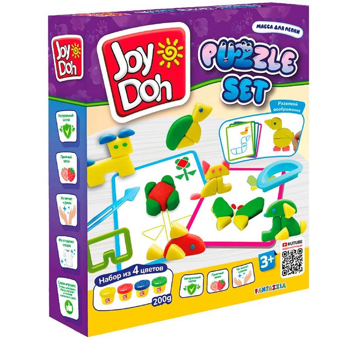 Набор для творчества Масса для лепки Joy Doh, набор PUZZLE SET - ПАЗЛЫ, 10 карточек с трафаретам, 13 форм и аксессуаров, 4 баночки с тестом, (4 x 50 г.) PUZZ-200 pot 983-107