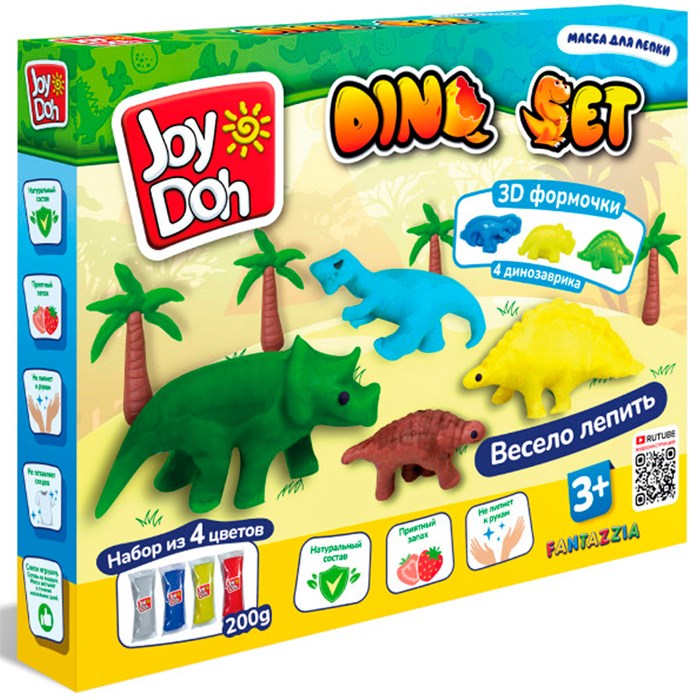 Набор для творчества Масса для лепки Joy Doh набор DINO SET-ДИНОЗАВРИКИ,3d формы ,9 аксессуаров,4 пакетика с тестом DINO-200 bag /12/ *** 987-292
