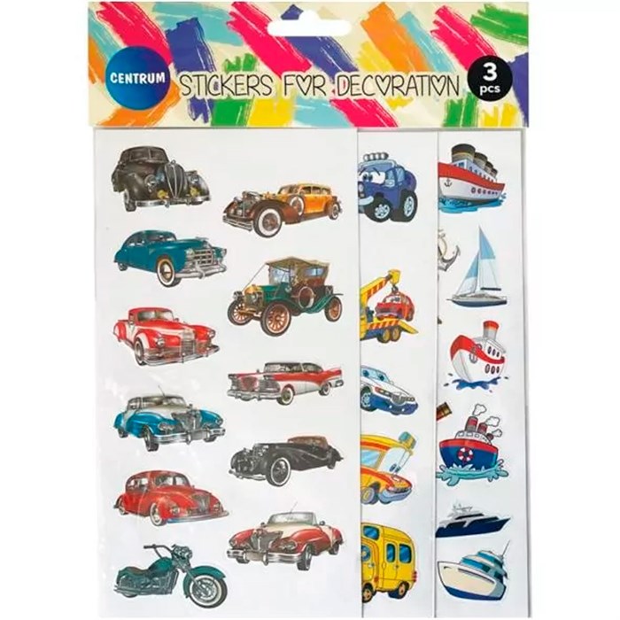 Наклейки декоративные бумажные 3шт 40x15мм, 10x10мм, дизайны машин, космоса 80734 988-868