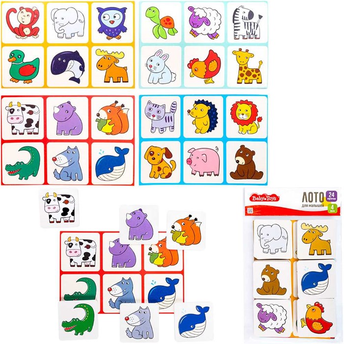 Лото для малышей Зверята 4 карточки, 24 фишки Baby Toys 05613 810-414