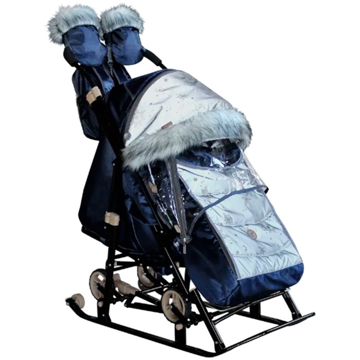 Санки коляска Galaxy Glory Gloss Сатин темно-синий + светоотражающая ткань 266-258