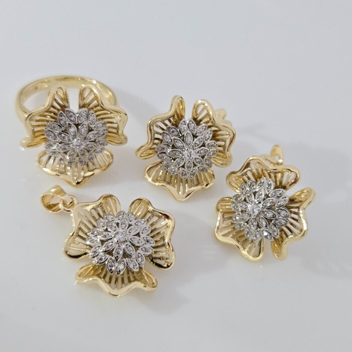 Комплект ювелирной бижутерии Итальянское золото (покрытие желтое 14к), серьги, кулон и кольцо 17 р, вставка: фианиты, цвет: прозрачный, арт.313.317-17 313.317-17
