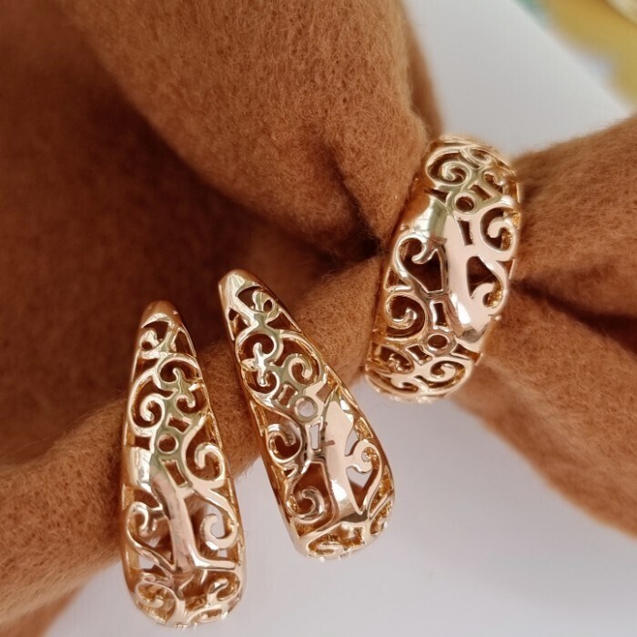 Комплект ювелирной бижутерии коллекция "Дубай" в форме ажурной дутой капли серьги и кольцо 19 р, покрытие позолота, арт.314.550-19 314.550-19