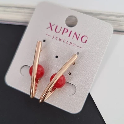Серьги коллекция "Xuping" галочки, покрытие: позолота, вставка: исск.жемчуг, цвет: красный, Х000773173, арт.001.639 001.639